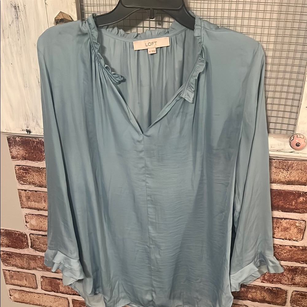 LOFT Women's Light Blue Ruffle Blouse
